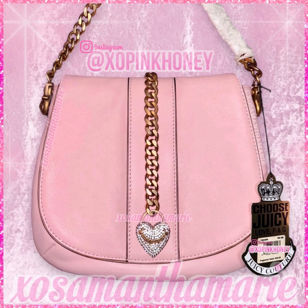 Y2K Vintage Juicy Couture HTF Pink Leather Rhinestone Heart Gold Chain Bag NWT